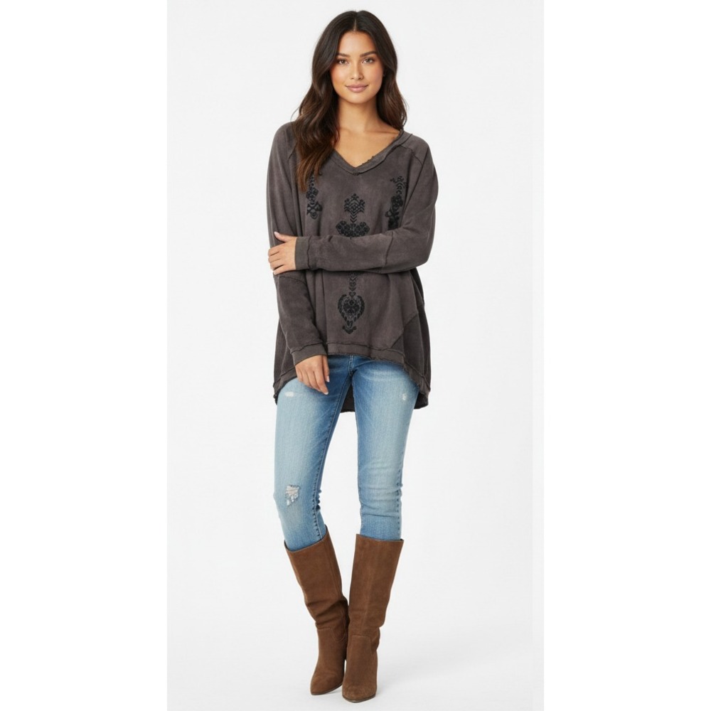 Free People Embroidered Tunic Top Womens S Gray Boho Chic Artsy Hippie Oversized